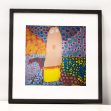 colorful painting of a person with a long face and lots of dots and colours in the background, including purple, orange, yellow and green. It is in a black frame.